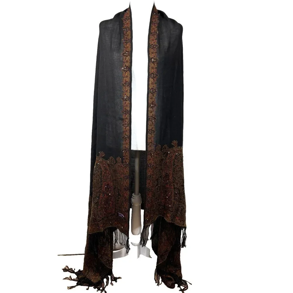 Lg Antique‎ Collectors Club RTM Beaded Shawl Cashmere Silk Blend Global Vintage